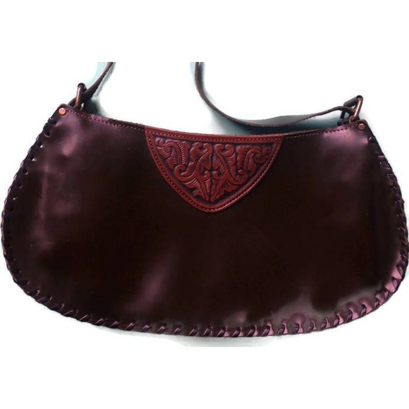 Handmade Handbags - Handmade Tooled Leather Shoulder Bag Womens Medium Brown Excellent Western 70s